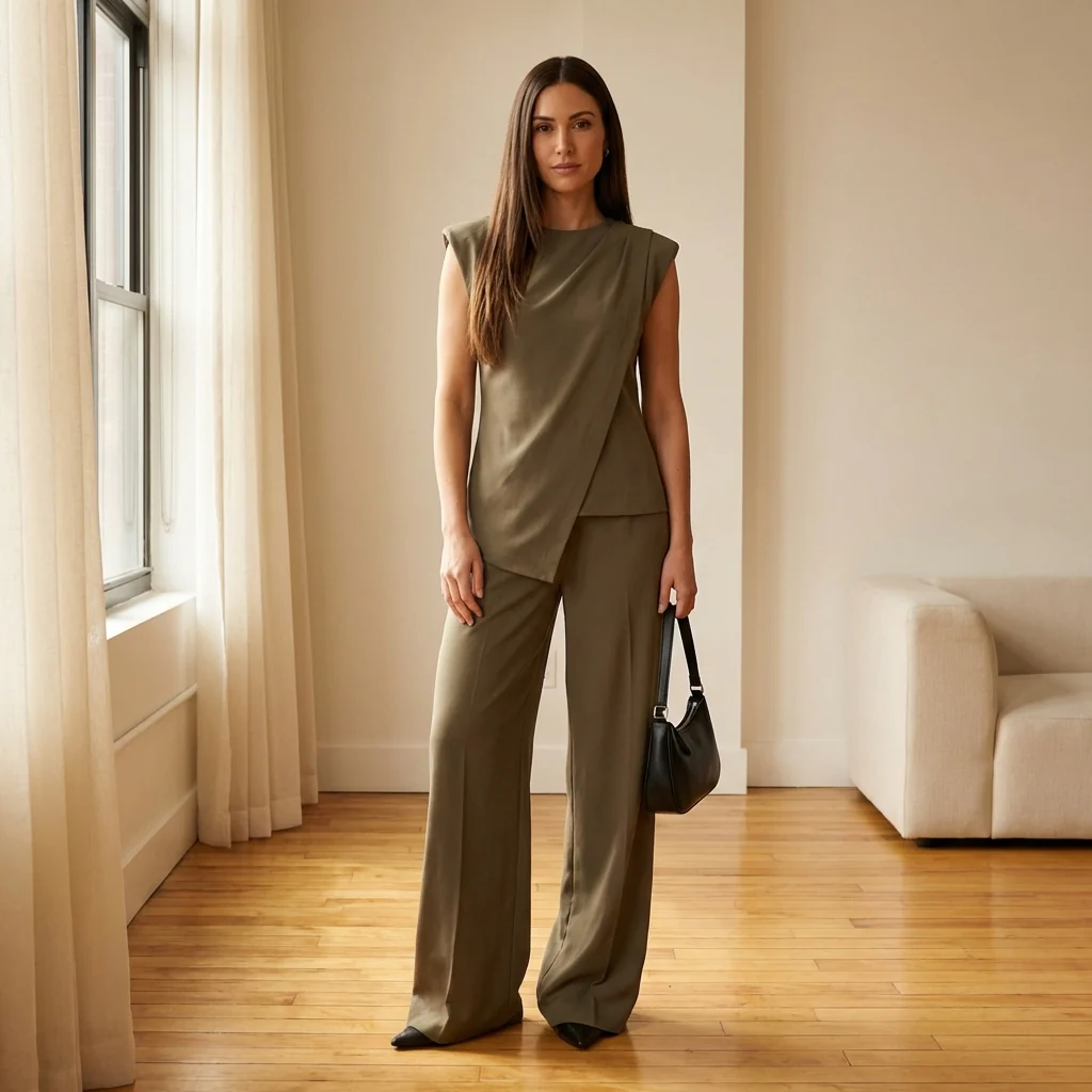 Plennoir™ – Asymmetric Draped Top & Wide-Leg Pants Two-Piece Set + 50% OFF